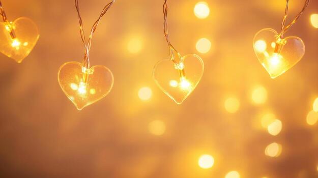 heart shaped string lights warm yellow bokeh background photo
