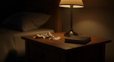 estropeado pañuelo de papel en cabecera mesa con oscuro Encendiendo foto