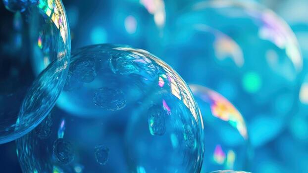 Close-up of transparent blue soap bubbles with iridescent reflections floating in a blurred background photo