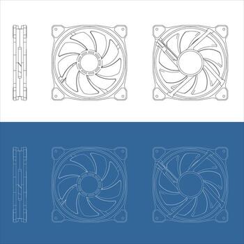 Computer Fan Technical Drawing - Front, Side, and Back View vector