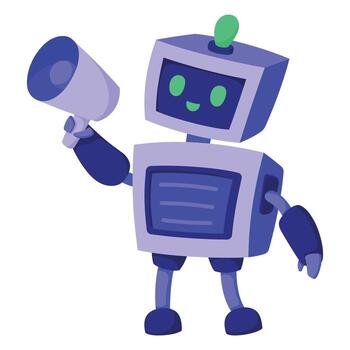 Friendly AI mascot robot with square head and green antenna. Purple android with smiling face, bright green eyes, and holding a megaphone in one hand vector