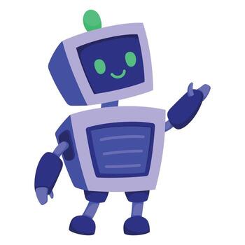 Friendly AI mascot robot with a square head and green antenna. Purple android with a smiling face, bright green eyes, and one arm raised in a welcoming gesture. vector