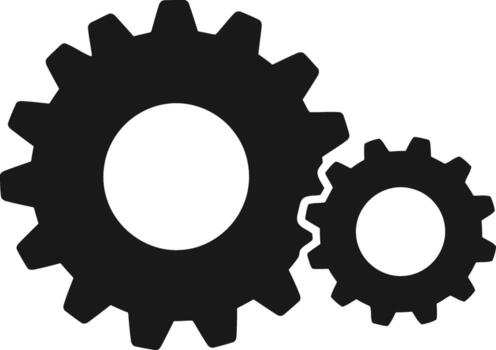 art of two black gears, one large and one small, interlocking and isolated on a white background, symbolizing teamwork and mechanical systems vector