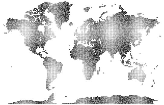A multicolor dotted world map that blends geometric dot patterns and visual clarity. Vibrant colorful dotted atlas in a horizontal layout showing land and country boundaries. vector