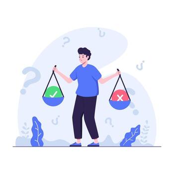 Man holding scales with true and false on it vector