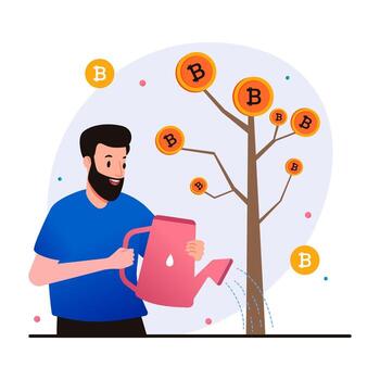 hombre riego y creciente bitcoin árbol vector