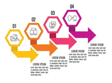 Hexagon and arrow Infographic design elements and marketing icons with 4 steps can be used for workflow layouts, diagrams, annual reports, or web design. vector