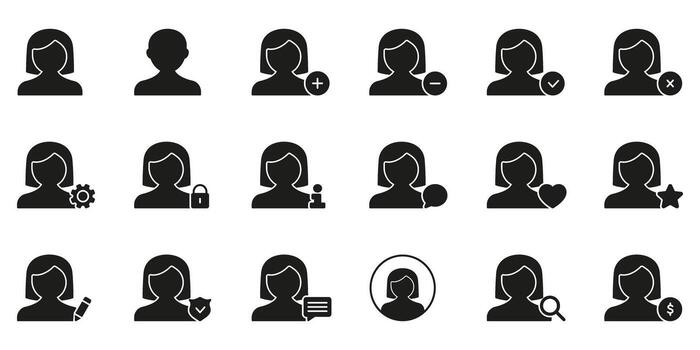 usuario perfil administración sólido icono colocar. usuario interacción, privacidad, y cuenta ajustes silueta símbolo recopilación. incluye agregar, eliminar, editar, y seguridad características. aislado ilustración vector