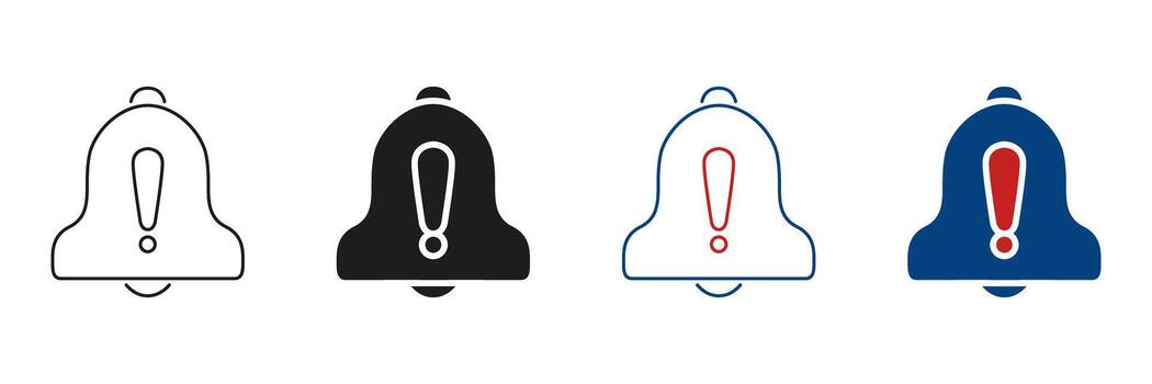 Bell With Exclamation Mark Line And Solid Icon Set. Alert Notification, Warning, And Attention Signal Outline And Silhouette Symbol Collection. Urgent Message Indicator. Isolated Illustration vector