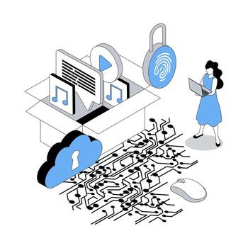 Cyber security 3d isometric concept with isometry people design for web. Woman protecting from hacker attacks digital files and documents and using fingerprint scan verification. illustration vector