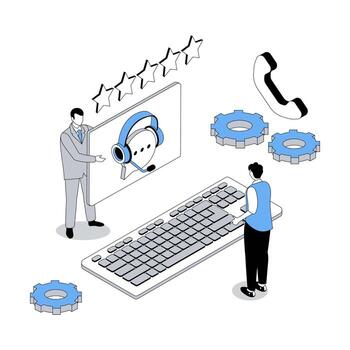 Customer support 3d isometric concept with isometry people design for web. Clients connecting with technical team, get virtual help in chat, contact with online assistant. illustration vector