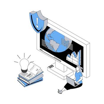 Ecology 3d isometric concept with isometry people design for web. Woman learning environmental issues, taking care of Earth planet and nature, and trying to stop of climate change. illustration vector
