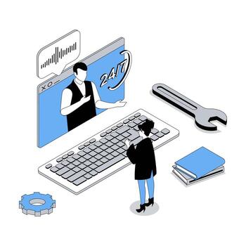 cliente apoyo 3d isométrica concepto con isometria personas diseño para web. mujer vocación en técnico servicio, hablando con operador, hallazgo soluciones, Consejo y respuestas ilustración vector