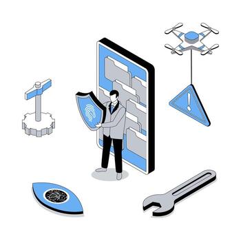 Cyber security 3d isometric concept with isometry people design for web. Man using fingerprint scan verification to access to private files and digital documents on mobile phone. illustration vector