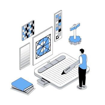 Designer studio 3d isometric concept with isometry people design for web. Illustrator drawing digital content with stylus on graphic tablet, selecting colours swatch to project. illustration vector