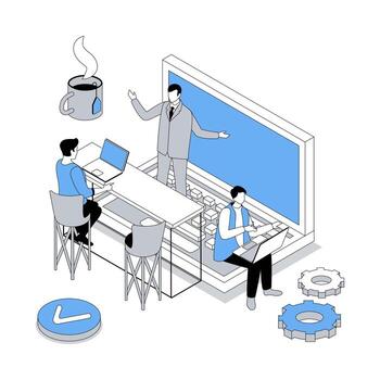 Coworking 3d isometric concept with isometry people design for web. Business team work together, discussing project and brainstorming at meeting, conversation during coffee break. illustration vector