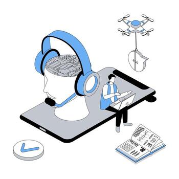 cliente apoyo 3d isométrica concepto con isometria personas diseño para web. operador en auriculares consultante y hallazgo soluciones, chateando con clientela y respondiendo mensajes ilustración vector