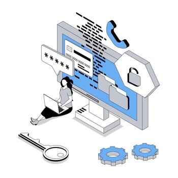 Cyber security 3d isometric concept with isometry people design for web. Woman protecting from phishing her confidential financial information and using password lock access. illustration vector