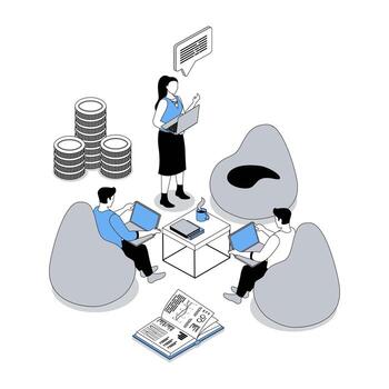 Coworking 3d isometric concept with isometry people design for web. Company team work at laptops at meeting, discussing project and brainstorming, staff talking and consultation. illustration vector