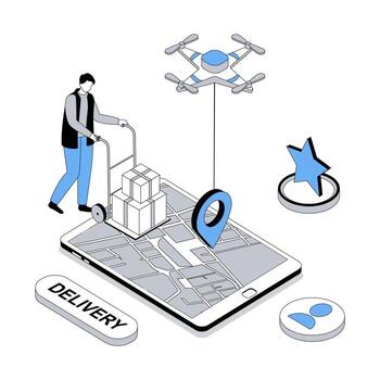 Delivery service 3d isometric concept with isometry people design for web. Courier loading parcel boxes, client ordering fast shipping with online tracking in mobile application. illustration vector
