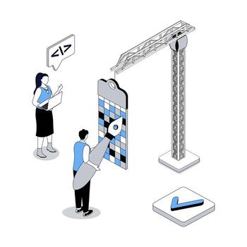 Designer studio 3d isometric concept with isometry people design for web. Illustrators team drawing digital content with pencil, working with colours swatch, coding software. illustration vector