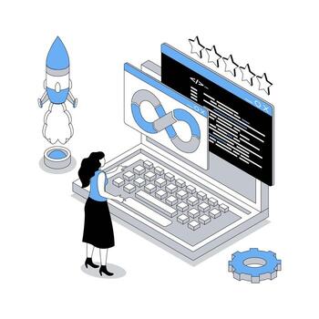 DevOps 3d isometric concept with isometry people design for web. Woman programming and developing software, working in team, infrastructure maintenance and project communication. illustration vector