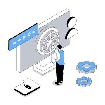 Cyber security 3d isometric concept with isometry people design for web. Man using password access and identity verification to private information on computer with firewall. illustration vector