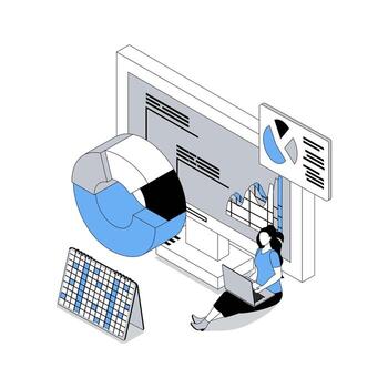 Data analysis 3d isometric concept with isometry people design for web. Woman working with analytics diagram, researching and processing trends, managing investment solutions. illustration vector