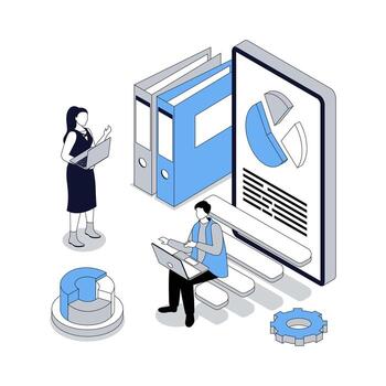 Data analysis 3d isometric concept with isometry people design for web. Business team making bookkeeping, calculating pie charts, researching performances and results at graphs. illustration vector