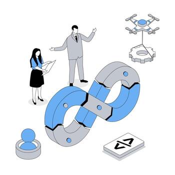 DevOps 3d isometric concept with isometry people design for web. Team programming and working, using agile coding operation and administration in products development cycle. illustration vector