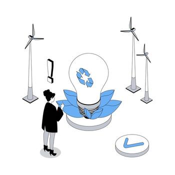 Ecology 3d isometric concept with isometry people design for web. Woman using eco friendly light bulbs, clean electricity and alternative power resource from wind turbines. illustration vector