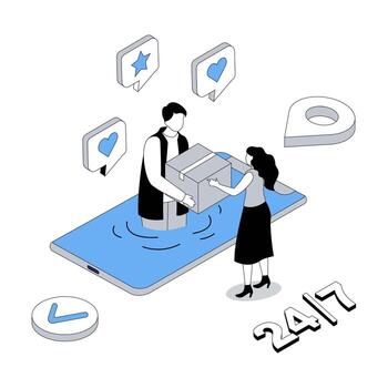 Delivery service 3d isometric concept with isometry people design for web. Client receiving parcel box from courier, making online shopping, ordering fast shipping in mobile app. illustration vector