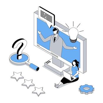 cliente apoyo 3d isométrica concepto con isometria personas diseño para web. operador en auriculares consultante cliente en charlar, respondiendo pregunta, resolviendo técnico problemas. ilustración vector