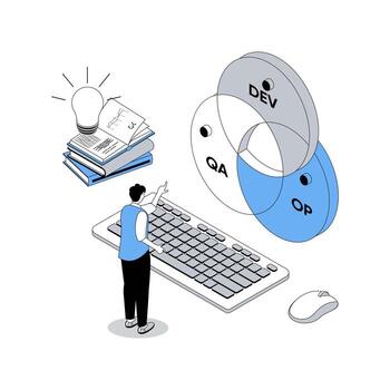 DevOps 3d isometric concept with isometry people design for web. Administrator working in agile coding operation practice, project communication, products development cycle. illustration vector