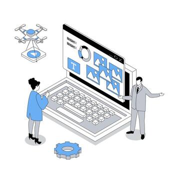 Designer studio 3d isometric concept with isometry people design for web. Creative team brainstorming new ideas, working with digital images and creating pictures for project. illustration vector