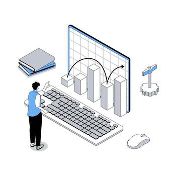 Data analysis 3d isometric concept with isometry people design for web. Man bookkeeping and calculating barcharts, researching performances, statistics and market trends at graphs. illustration vector