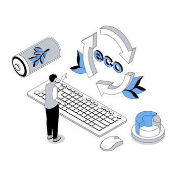 Ecology 3d isometric concept with isometry people design for web. Man using green clean electricity and alternative power resource, rechargeable battery and renewable resource. illustration vector