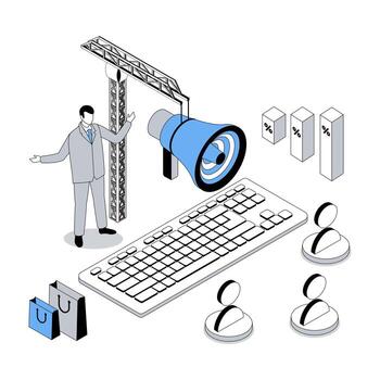 Digital marketing 3d isometric concept with isometric people design for web. Man with megaphone making advertising campaign, announcing brand information and messages to clients. illustration vector