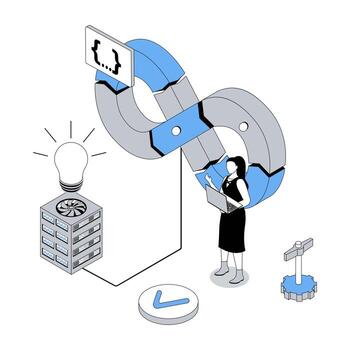 DevOps 3d isometric concept with isometry people design for web. Administrator monitoring products development, development operations technology, agile coding operation, teamwork. illustration vector