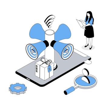digital márketing 3d isométrica concepto con isométrica personas diseño para web. mujer haciendo publicidad campaña, creando lealtad programa con regalos compartiendo para cliente atrayendo ilustración vector