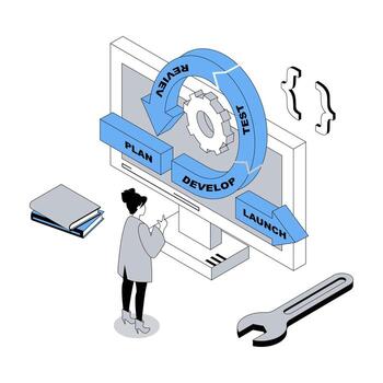 DevOps 3d isometric concept with isometry people design for web. Administrator monitoring life cycle of products development with agile coding operation, collaboration practice. illustration vector