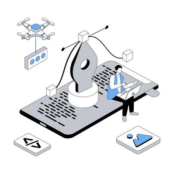 Designer studio 3d isometric concept with isometry people design for web. Visual artist drawing digital content, coding and programming application, working with inspiration. illustration vector