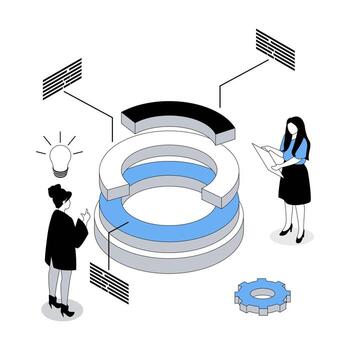 Data analysis 3d isometric concept with isometry people design for web. Team calculating datum, working with diagram graphs, learning and monitoring statistic chart and report. illustration vector