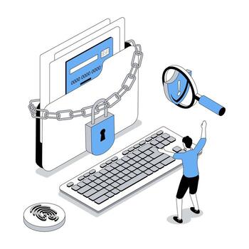 Cyber security 3d isometric concept with isometry people design for web. Man using password lock access, protection technology on computer, safety system for confidential document. illustration vector