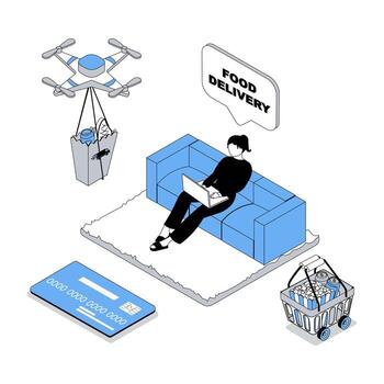 Delivery service 3d isometric concept with isometry people design for web. Client ordering food and making payment with credit card, receiving parcel box from flying drone courier. illustration vector