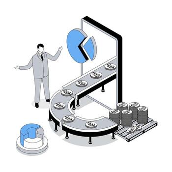 Cryptocurrency 3d isometric concept with isometry people design for web. Man trading digital money at virtual platform, buying at crypto market, mining coins at conveyor line. illustration vector