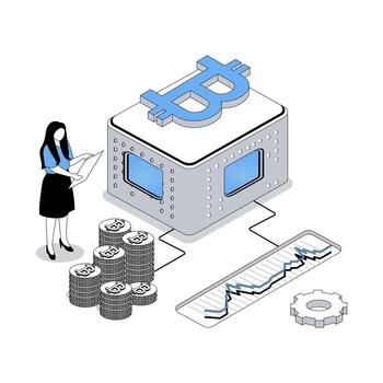 Cryptocurrency 3d isometric concept with isometry people design for web. Woman trading digital money at virtual platform and crypto market, mining coins with blockchain technology. illustration vector