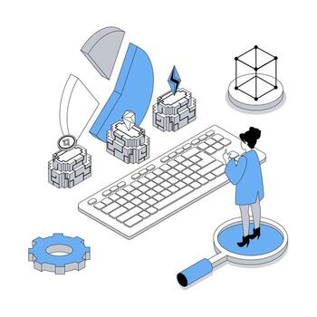 Cryptocurrency 3d isometric concept with isometry people design for web. Woman making investments at crypto market, trading digital money at virtual platform, doing transactions. illustration vector