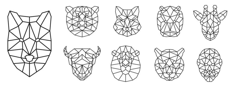 Different animals. Animals are drawn with a polygon. Faces of animals in a thin line. vector