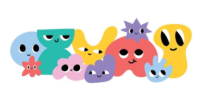 Cute abstract character set with funny faces. Funny colorful blobs with smiling emotions. Playful emoji collection for kids, design, apps, stickers. illustration isolated on background. vector